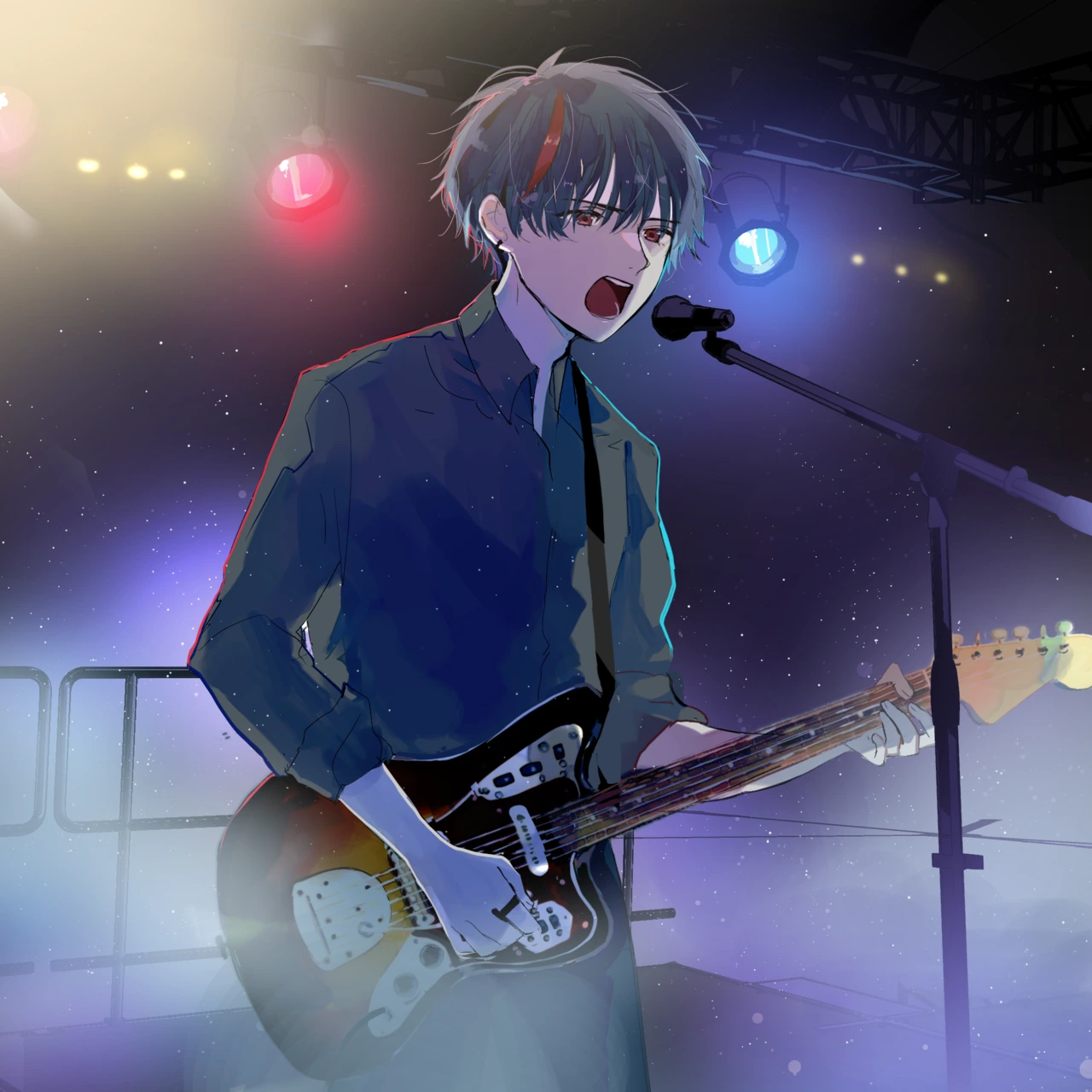 ライブでエレキギターを演奏するナクモ（背景あり）